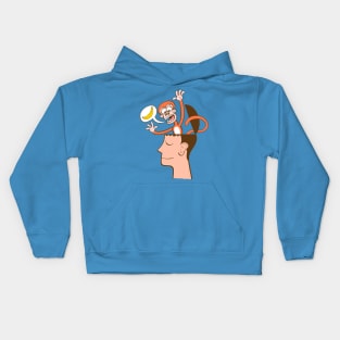 Let's meditate. Mad monkey asking for bananas from inside the head of a man in meditation Kids Hoodie